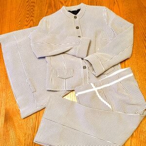 "Context" 3 piece suit, jacket 8, skirt 10, capri pants 10, seersucker, EUC